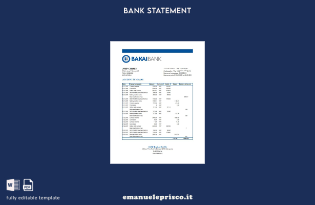 modello Excel di estratto conto bancario OJSC Bakai del Kirghizistan in stile ve